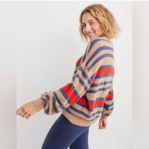 Aerie Cozy Flurry Striped Sweater in Tan, Blue, and Red